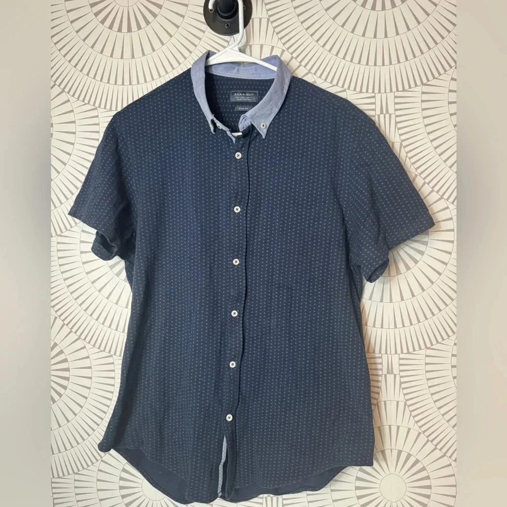 Zara Men’s Navy Button Down Polo Shirt Denim Collar Size Large